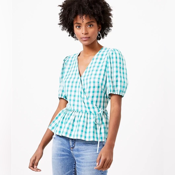 LOFT Gingham Wrap Top Peplum Short Sleeves Green Check Plaid Size Medium - Picture 8 of 8